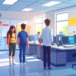 Students touring a votech lab classroom.