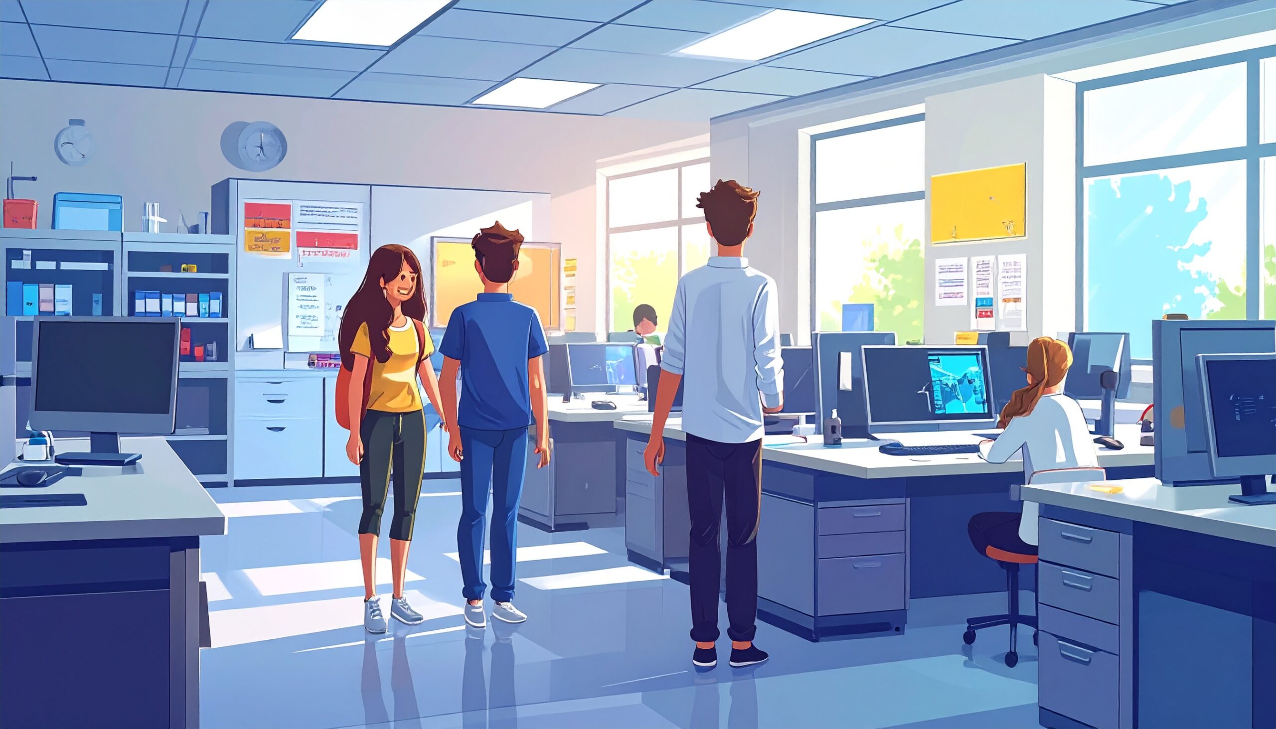 Students touring a votech lab classroom.