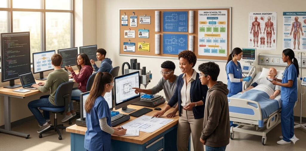 Students in a CTE classroom across healthcare, manufacturing, and IT pathways