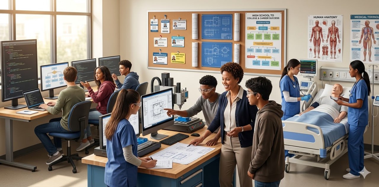 Students in a CTE classroom across healthcare, manufacturing, and IT pathways