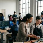 CTE classroom scene with teacher and students in healthcare, technology, and skilled trades settings