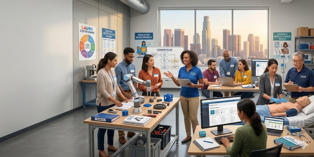 UCLA Extension facilitator coaching a diverse cohort of preliminary LAUSD CTE teachers in a modern high school lab across robotics, digital instruction, and health science training stations.