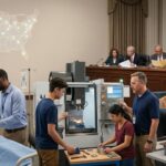 Students and instructors in a CTE lab set against a federal policy setting, illustrating FY26 workforce investment