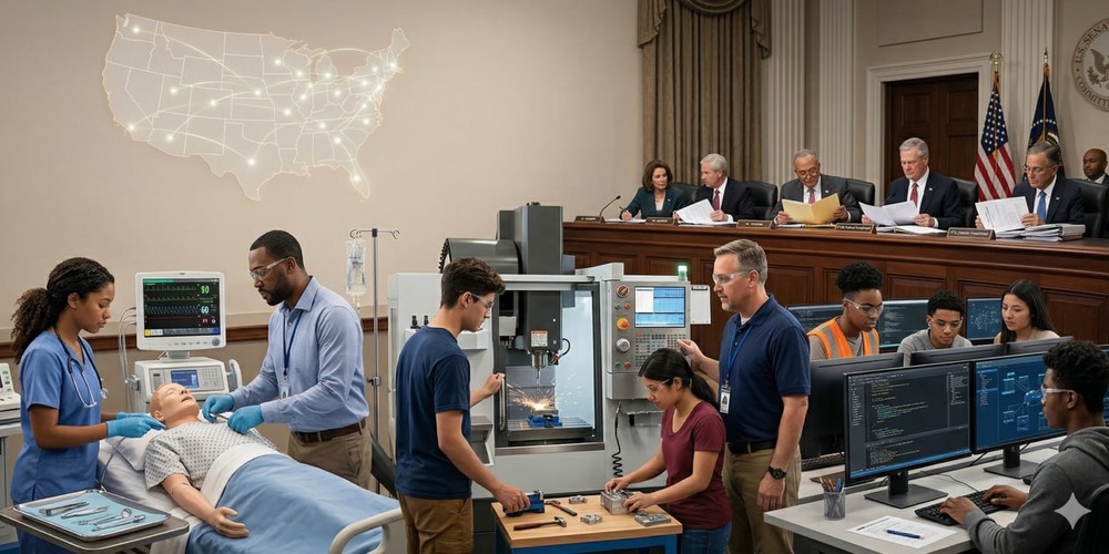 Students and instructors in a CTE lab set against a federal policy setting, illustrating FY26 workforce investment