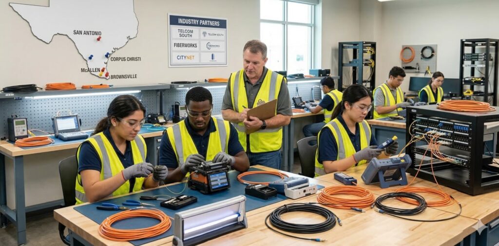 Students in a telecom lab practicing fiber splicing and cable testing with instructor support