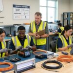 Students in a telecom lab practicing fiber splicing and cable testing with instructor support