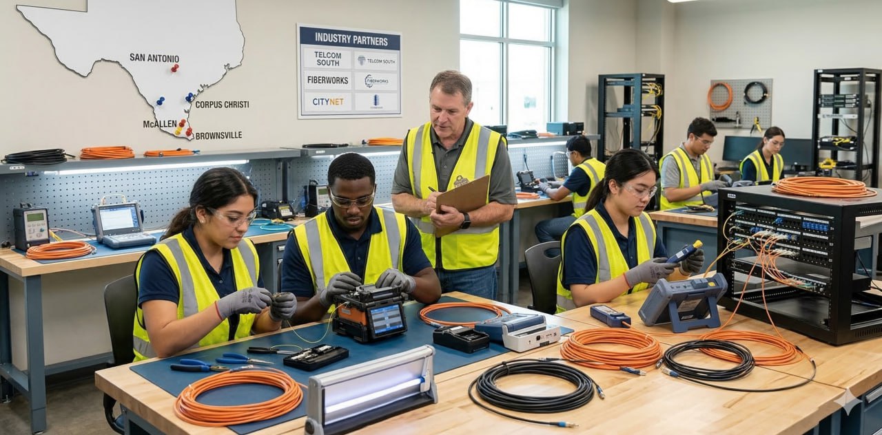 Students in a telecom lab practicing fiber splicing and cable testing with instructor support