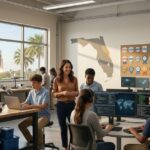 Students and a teacher in a modern Florida high school CTE lab work across robotics, coding, aerospace, and health science stations, highlighting hands-on career pathway learning.