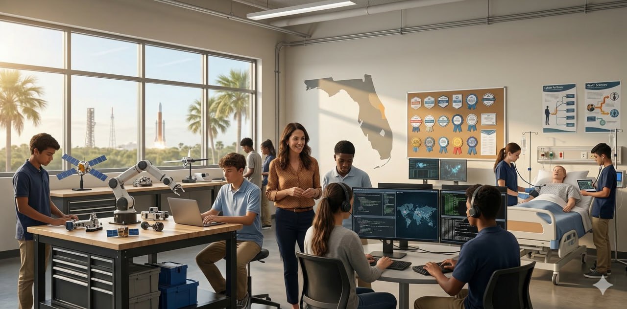 Students and a teacher in a modern Florida high school CTE lab work across robotics, coding, aerospace, and health science stations, highlighting hands-on career pathway learning.