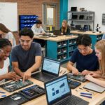 Students in a CTE lab collaboratively repairing laptops with teacher guidance