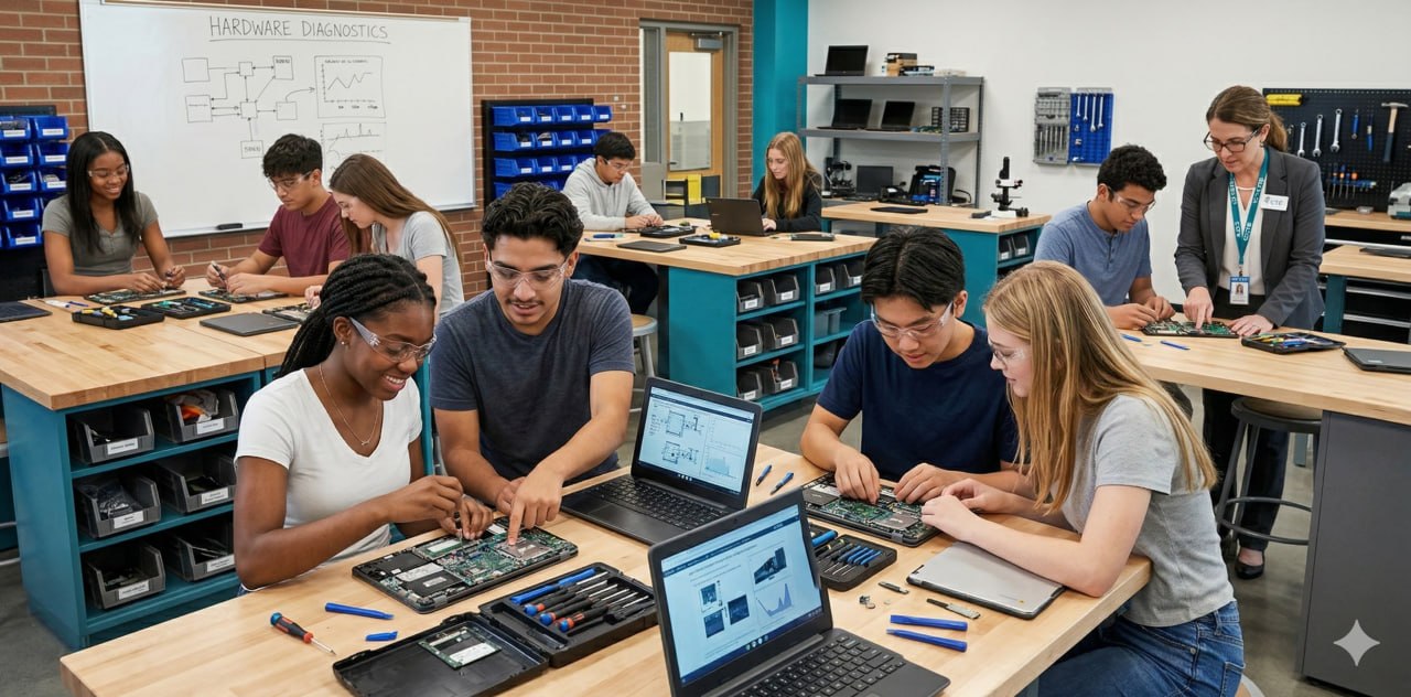Students in a CTE lab collaboratively repairing laptops with teacher guidance