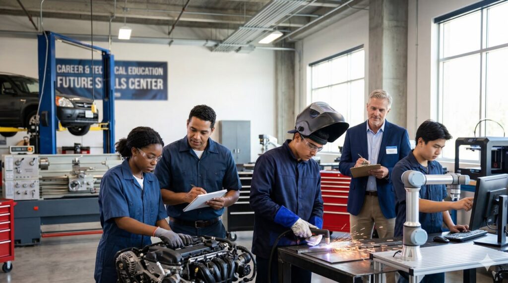 High school CTE students work in a modern lab alongside their instructor and an industry mentor, reflecting the comprehensive career pathway model expanding across Ohio districts.