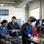 High school CTE students work in a modern lab alongside their instructor and an industry mentor, reflecting the comprehensive career pathway model expanding across Ohio districts.