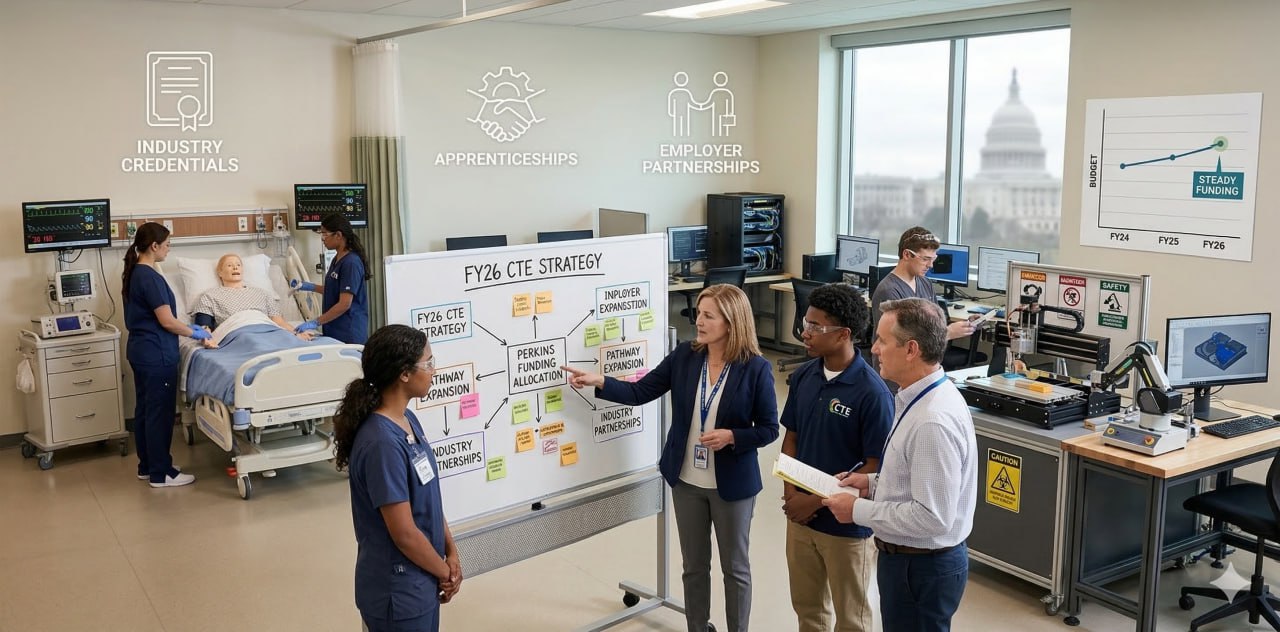 CTE educators and students reviewing FY26 Perkins strategy in a lab-classroom setting