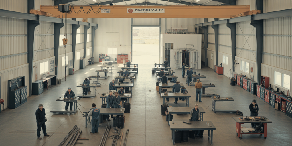 A spacious union apprenticeship training facility interior with multiple welding and pipefitting stations, HVAC training rigs, and apprentices working under structured instruction, representing modern skilled trades education infrastructure.