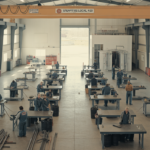 A spacious union apprenticeship training facility interior with multiple welding and pipefitting stations, HVAC training rigs, and apprentices working under structured instruction, representing modern skilled trades education infrastructure.