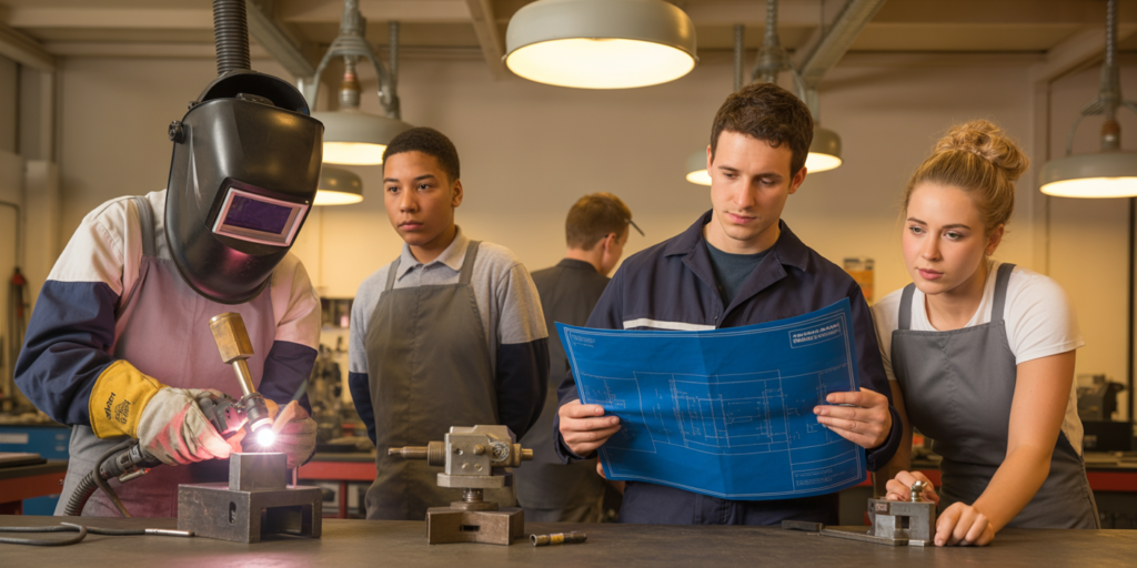 Diverse high school students in a Pennsylvania CTE workshop learning precision welding and fabrication under instructor guidance, with career preparation tools and equipment in the background.