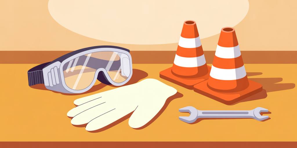 Illustration of safety goggles, gloves, traffic cones, and a wrench for a CTE lab safety checklist.