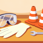 Illustration of safety goggles, gloves, traffic cones, and a wrench for a CTE lab safety checklist.
