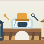Textless illustration showing a bridge between a training workshop and a civic building with CTE tools.