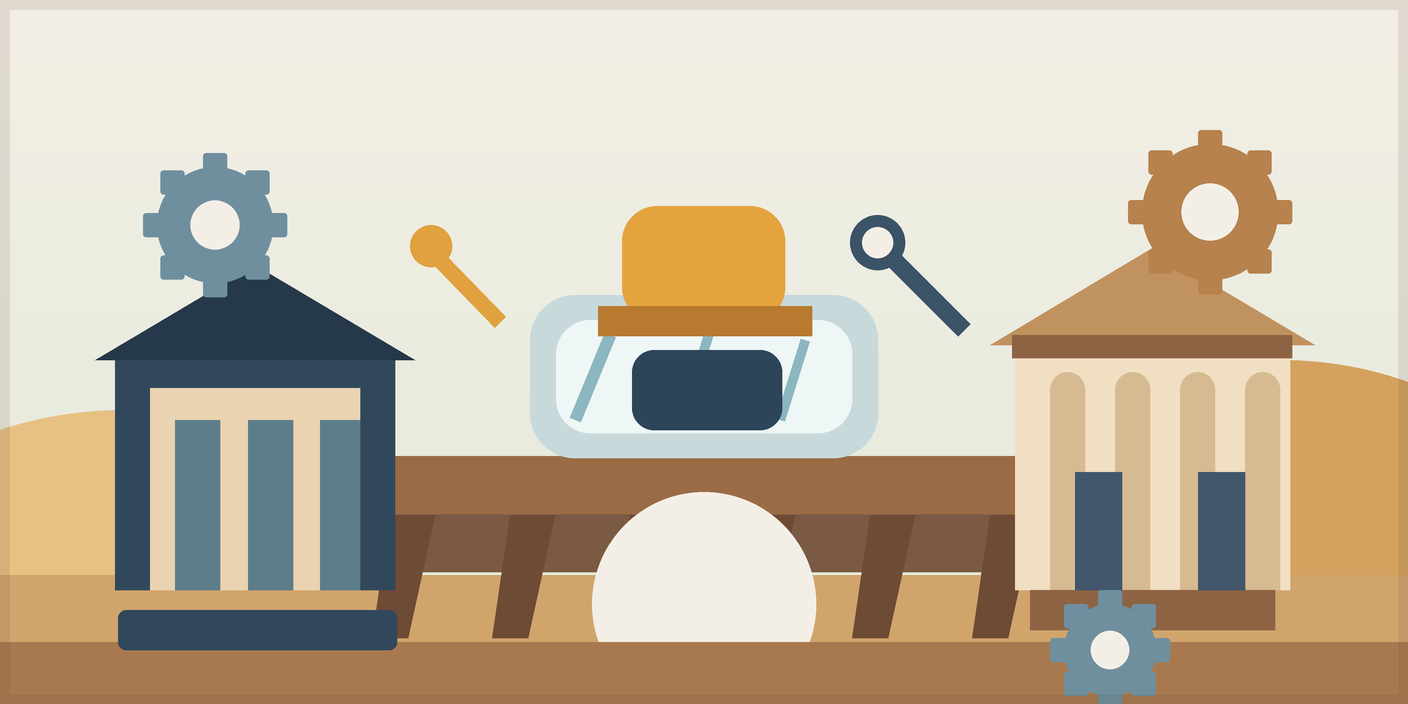 Textless illustration showing a bridge between a training workshop and a civic building with CTE tools.