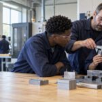 A CTE instructor guides students as they measure a machined practice part with a caliper.
