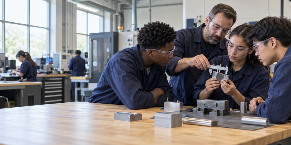 A CTE instructor guides students as they measure a machined practice part with a caliper.