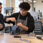A CTE instructor coaches students as they perform and inspect a hands-on technical task.