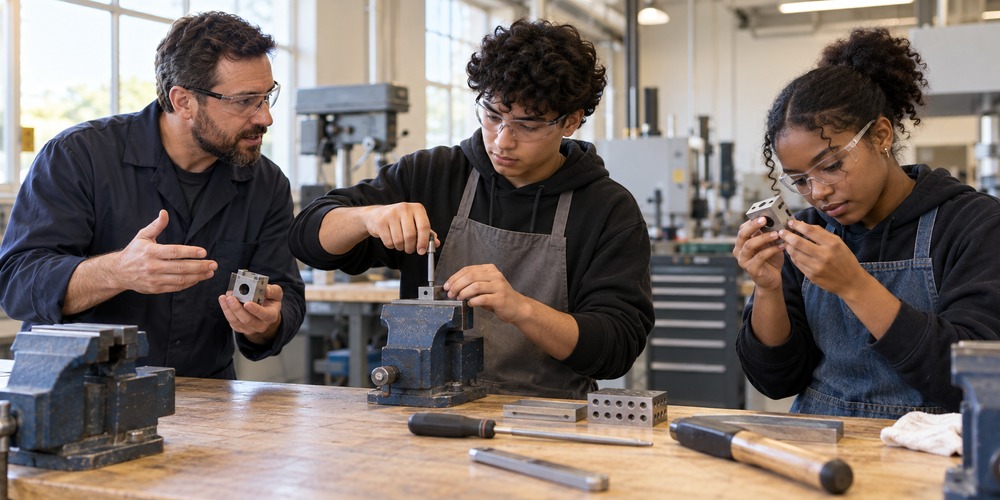 A CTE instructor coaches students as they perform and inspect a hands-on technical task.