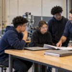 CTE students meet with an instructor and college-pathway advisor around a technical lab workbench.