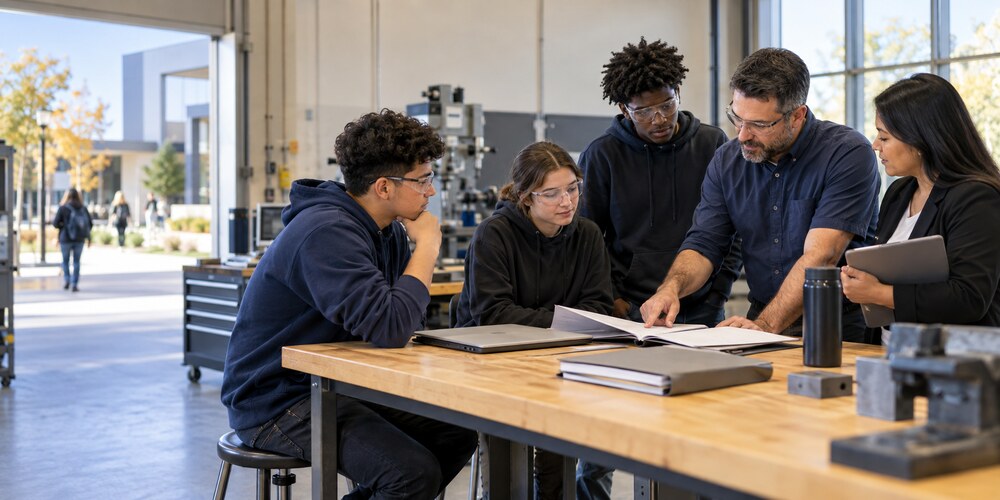 CTE students meet with an instructor and college-pathway advisor around a technical lab workbench.