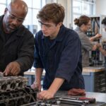 CTE students practice technical skills with an instructor and industry mentor in a training lab.