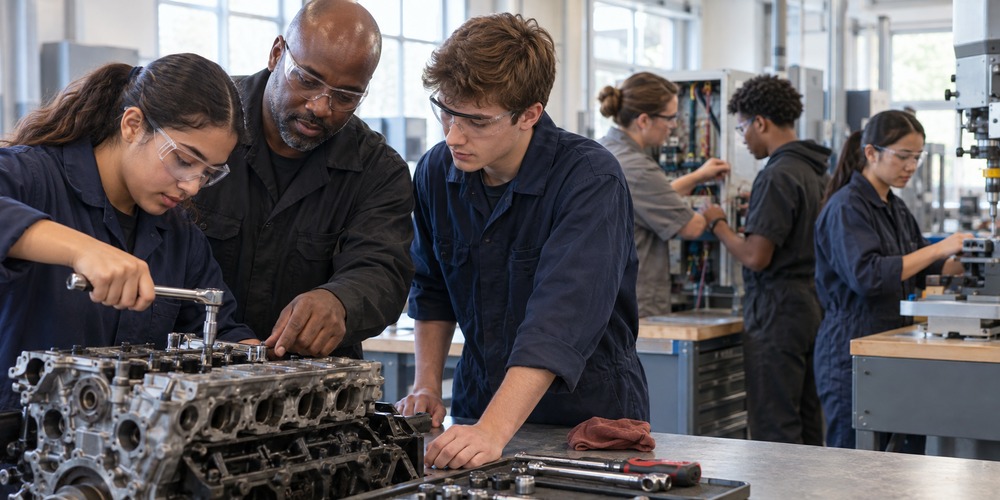 CTE students practice technical skills with an instructor and industry mentor in a training lab.