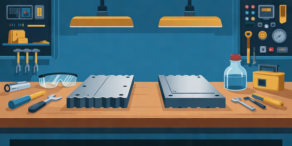 A technical lab bench holds a first practice piece beside a corrected second attempt.