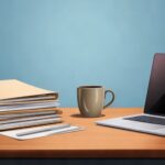 Blank folders, a coffee mug, and a laptop on a desk stand for a CTE grant payment workflow under review.