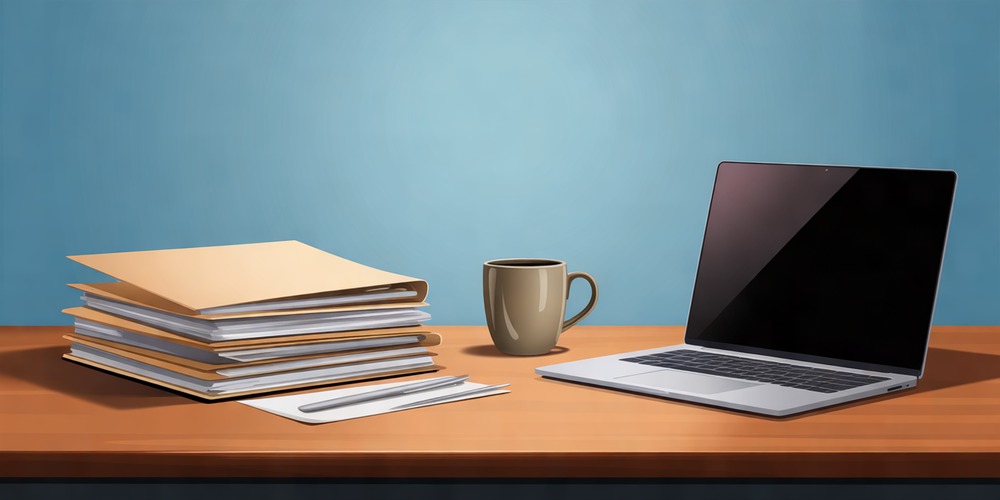 Blank folders, a coffee mug, and a laptop on a desk stand for a CTE grant payment workflow under review.