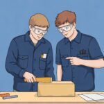 Two students work at a CTE lab bench, one performing a task while the other observes with a blank card.