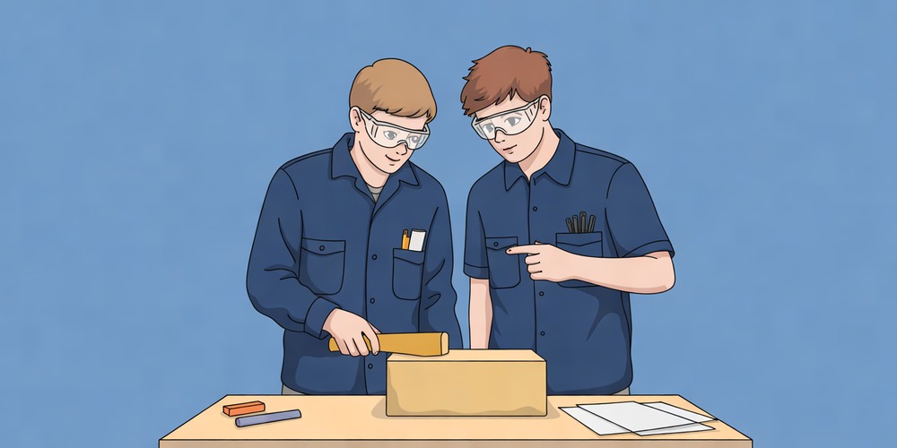 Two students work at a CTE lab bench, one performing a task while the other observes with a blank card.