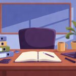 A quiet CTE teacher workspace with blank coursework folders and a planner suggests credential completion support.